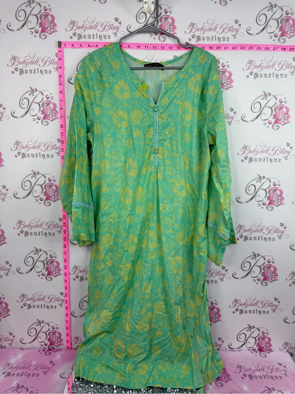Cultural fusion dress Green Floral Long Sleeve Dress neon lime